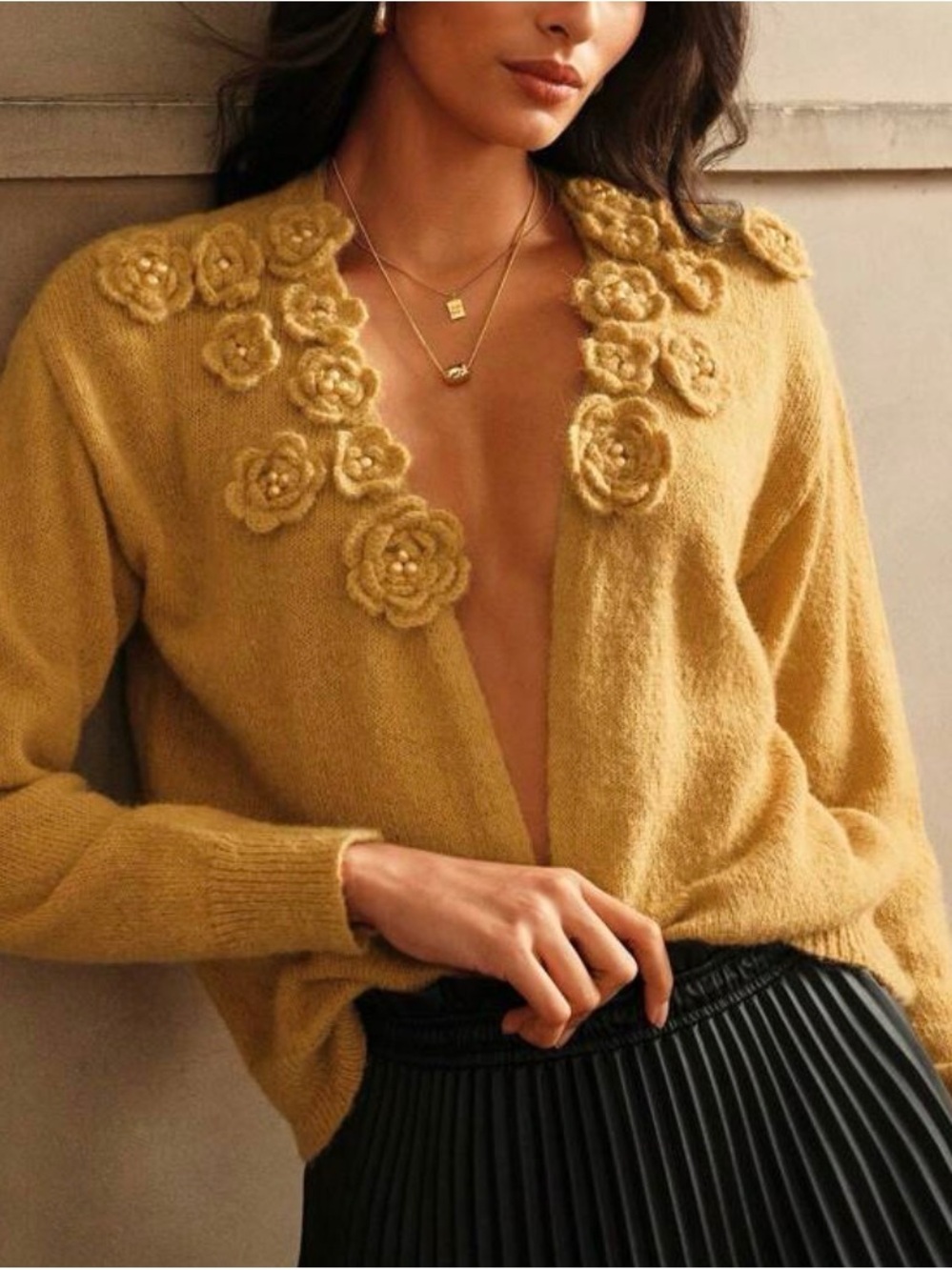 Embroidered Floral V-Neck Cardigan - Mustard